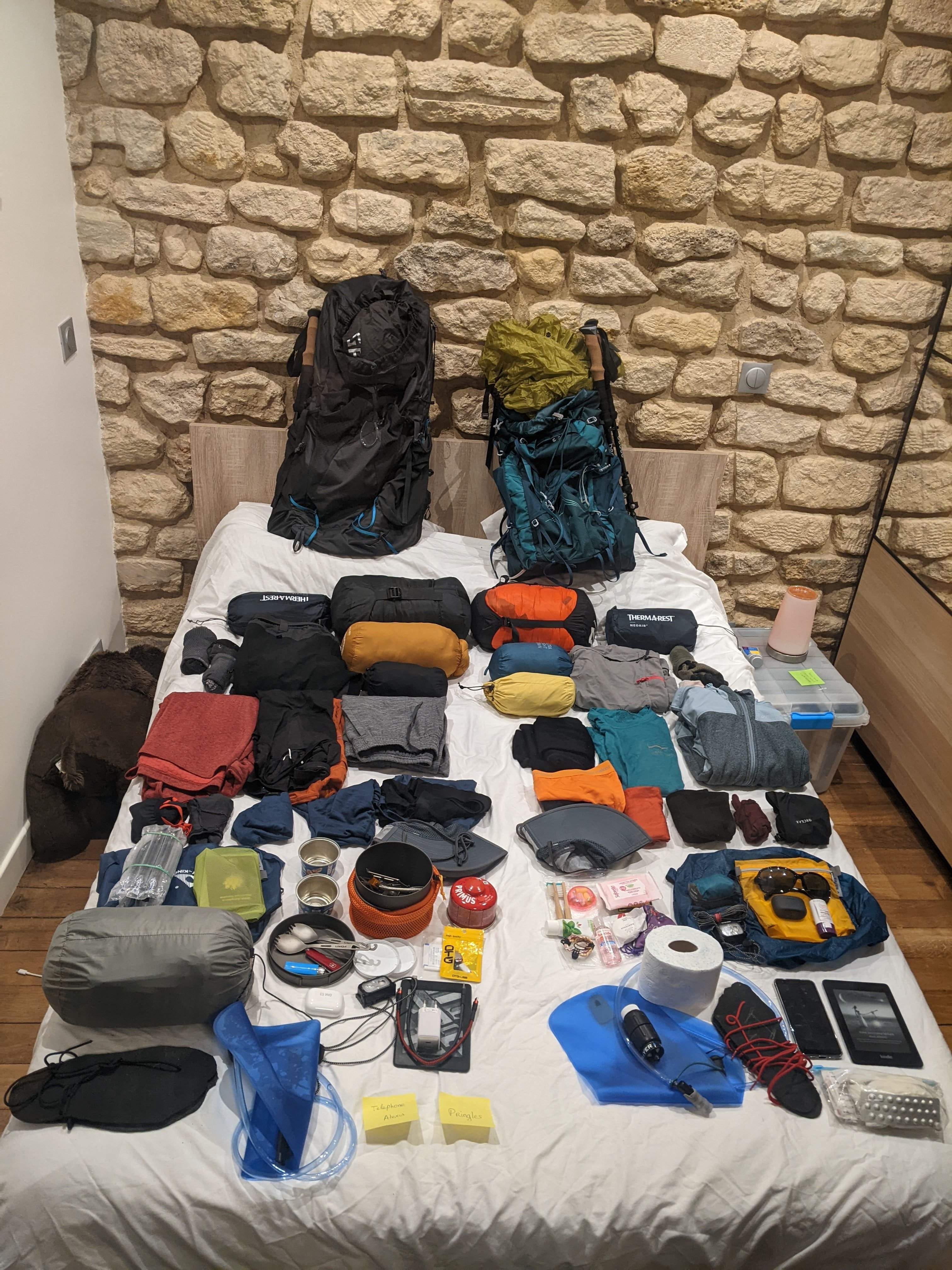 Our gear laying on the bed before departure